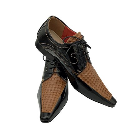 Sapato Social Preto Verniz c/ detalhes em xadrez marrom (última unidade ,  tamanho 37 e 39) - Rafael Freitas Calçados