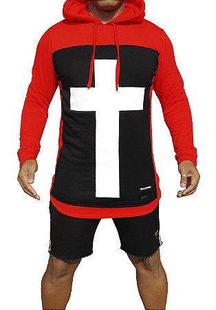 Casaco de moletom com Capuz Estampa Crucifixo Vermelho