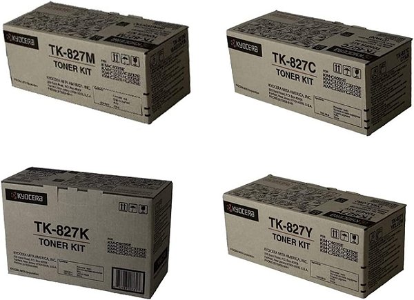 Conjunto de Cartuchos de Toner Kyocera TK-827; Contém: (1) TK-827K Preto, (1) TK-827C Ciano, (1) TK-827M Magenta e (1) Cartuchos de Toner Amarelo TK-827Y