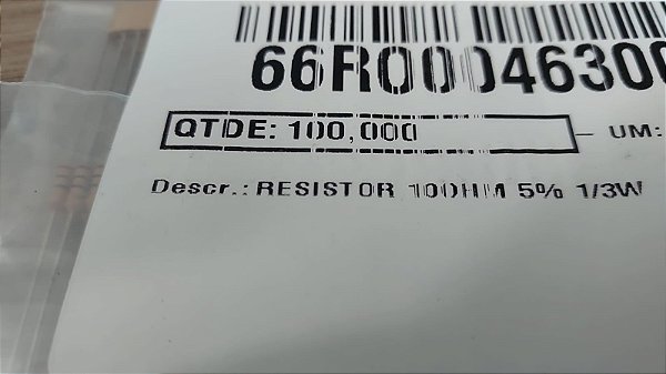 resistor 100hm 5% 1/3w pacote com 100