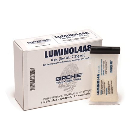 Pó reagente Luminol LUMINOL4A8, sachê com 25 gramas.