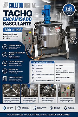 Tacho encamisado basculante de 600L aquecido a vapor com misturador