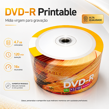 DVD-R Printable Gravável 4,7 GB – Pino com 50 Unidades