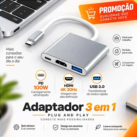 Adaptador USB C 3 em 1 HDMI 4K USB 3.0 PD Samsung DeX MacBook