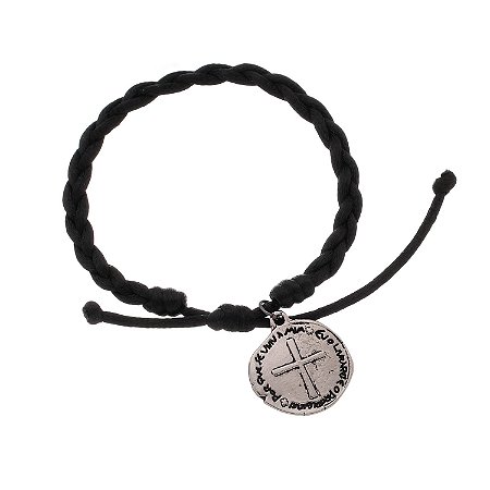 Pulseira Medalha Das Duas Cruzes Trançada - Preta