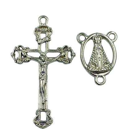 Kit crucifixo e entremeio prata Ns Aparecida