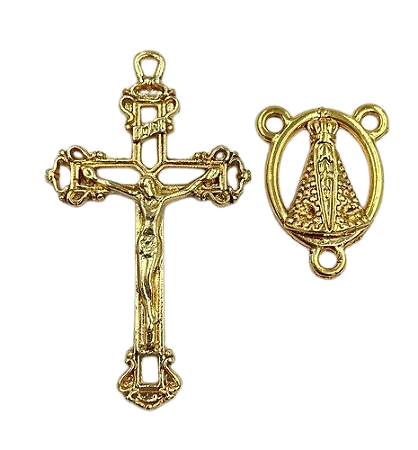 Kit crucifixo e entremeio dourado Ns Aparecida