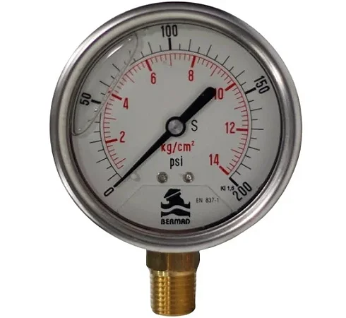 Manometro C/ Glicerina, Reto, Rosca 1/4 Npt - Latao, 0-14 Kg