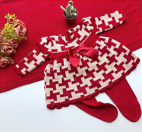 Kit saida maternidade menina vestido xadrez tricot 6 peças