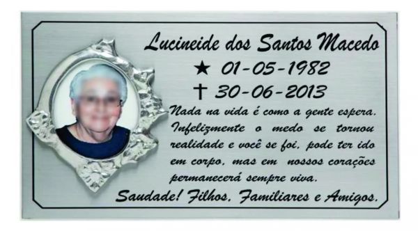 Placa em Aço Inox 15x25 com Foto em Porcelana e Moldura em Alumínio Fundido