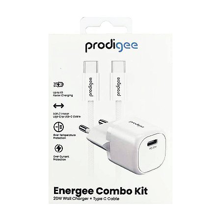 KIT CARREGADOR PAREDE PRODIGEE ENERGEE + CABO TYPE C / TYPE C PD 20W TURBO ANATEL - BRANCO