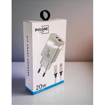 KIT CARREGADOR PAREDE + CABO LIGHTNING / TYPE-C IMAGINE PD 20W + USB QC3.0 TURBO ANATEL - BRANCO