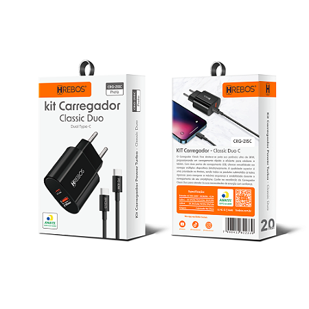 Carregador Turbo Hrebos 40w Usb C Duplo + Cabo Type C Anatel Preto