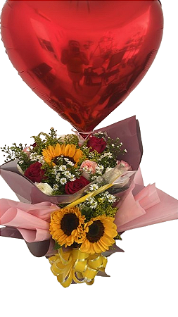 Buque com rosas e girassois e balão de coração