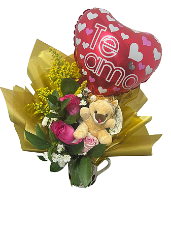 💐🎈 Arranjo Romântico em Caneca com Balão, Flores e Pelúcia 🧸❤️