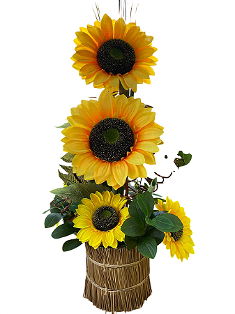 🌻🌿 Arranjo com Girassóis Artificiais em Vaso Rústico 🌿🌻