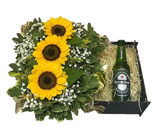 Arranjo de flores – Trio de Girassóis & Cerveja