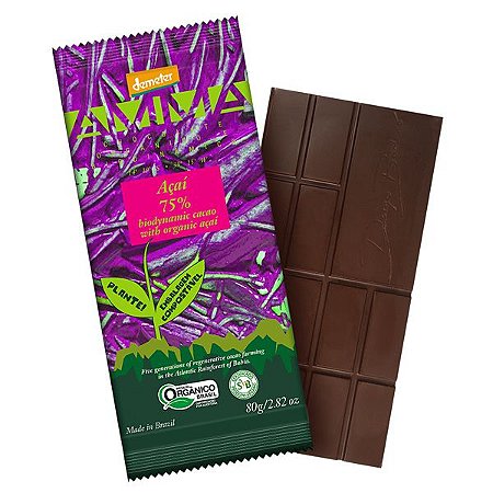 Chocolate Orgânico 75% Cacau Açaí AMMA Caixa 6 un