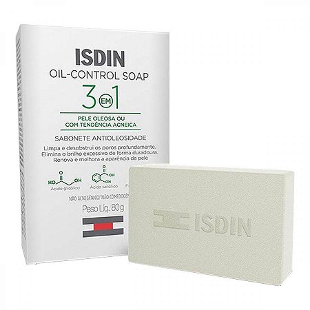 SABONETE FACIAL EM BARRA ISDIN OIL CONTROL 3 EM 1 PELE OLEOSA A ACNEICA COM 80G