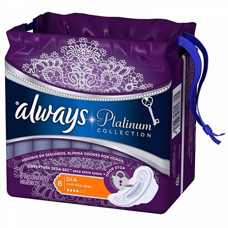 Absorvente always dia cobertura seca platinum collection com abas 8 unidades