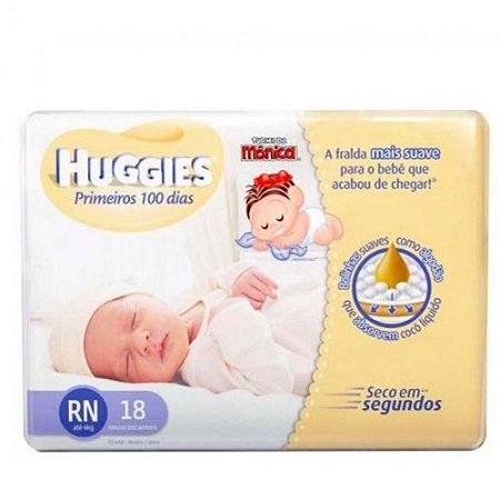 Fraldas descartaveis huggies turma da monica primeiros 100 dias rn 18 unidades