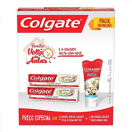 Kit creme dental colgate total 12 clean mint 90g + gel dental minions