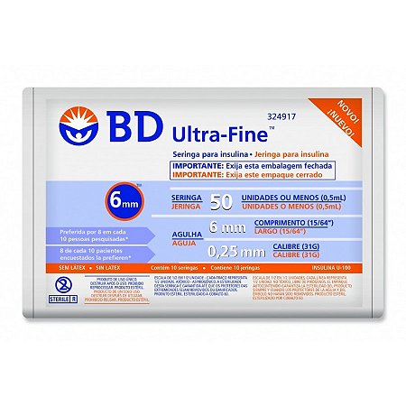 Seringa insulina bd ultra-fine 50u agulha curta 8mm 10 unidades
