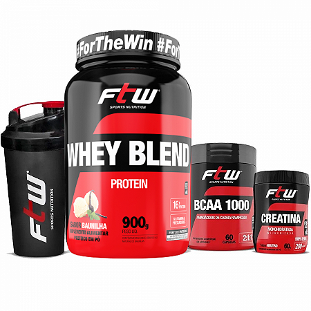 Kit whey protein blend 900g+bcaa 1000 60 caps+creatina 60g+coqueteleira baunilha-ftw