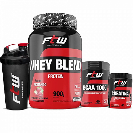Kit whey protein blend 900g+bcaa 1000 60 caps+creatina 60g+coqueteleira morango-ftw