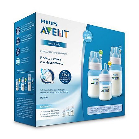KIT 3 MAMADEIRAS ANTI-COLIC CLASSICA 125/260/330ML AZUL PHILIPS AVENT SCD809/43