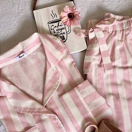 Pijama listras Rosa e Branco