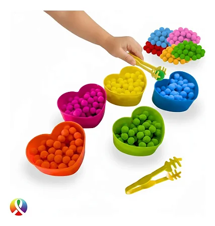 Jogo Coordenação Motora Sensorial Cores + Pinça E Pompons