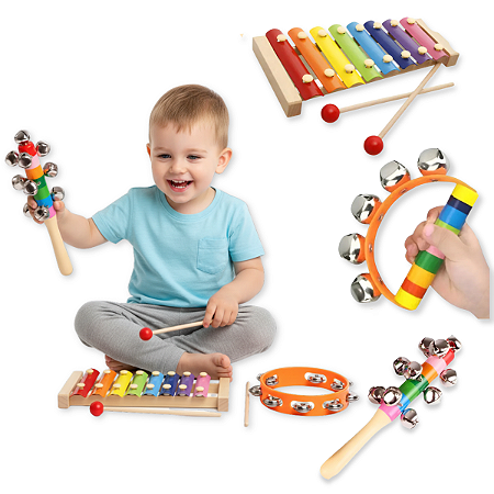 KIT 3 Instrumentos Musicais Primeira Infância Em Madeira - Educativos
