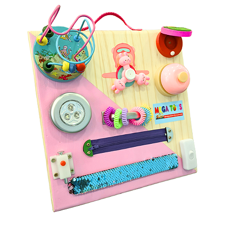 Painel Portátil 10 Atividades Sensorial Montessori Madeira Rosa