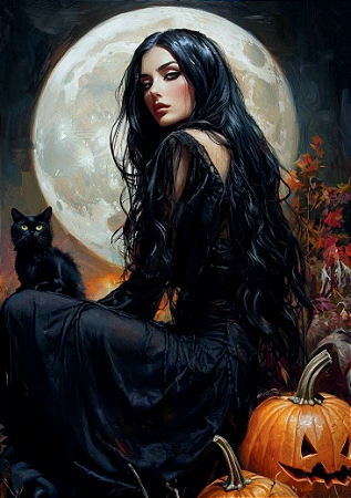Mandala Bruxa Samhain com Gato Preto