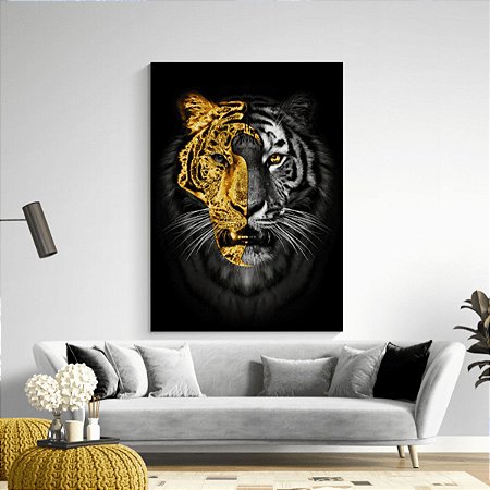 Quadro Decorativo Face Tigre Dourado Luxo