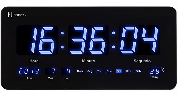 Relogio Parede Digital 47 Cm Led Azul Herweg 6492 Termômetro