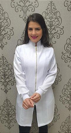 Jaleco feminino branco, gola padre ziper, tecido gabardine e punho