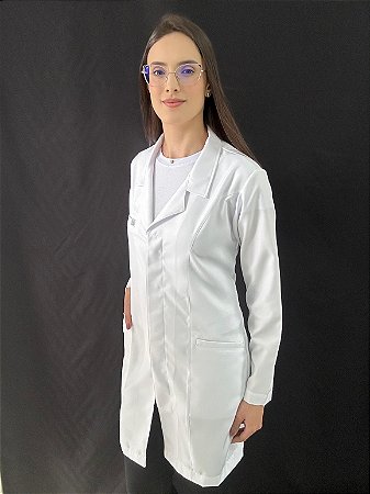 Jaleco Feminino Branco, Bolso Embutido, Tecido Gabardine