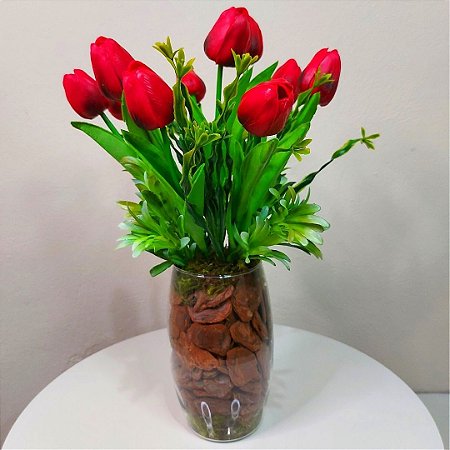 Arranjo de Tulipas Vermelhas Artificiais de silicone no vaso de vidro - Ivy  Flores e Presentes