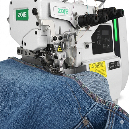 Máquina de Costura Industrial Interloque 5 Fios Zoje B9510-86-MD2/02 Eletrônica para Jeans Bitola Larga 6,4mm.
