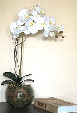 Arranjo Orquídea Artificial Branca - Vaso Vidro Transparente - Deco e Flor