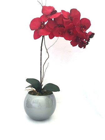 Arranjo Orquídea Vermelha Artificial-Vaso Vidro Cinza