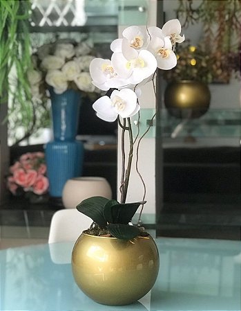 Orquídea Branca Artificial em 3D - Vaso Vidro dourado - Deco e Flor