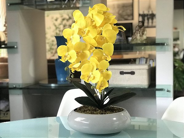 Arranjo Orquídeas Artificiais Amarelas 3D- Vaso Fibra de Vidro - Deco e Flor