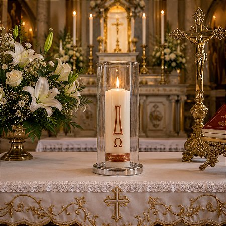 Tubo Vazado Castiçal Porta Velas Vidro 30x10 e Suporte Alumínio Prata