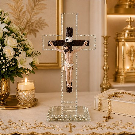 Crucifixo Resina Jesus Cruz Vidro Blindex Decoração Igreja Mesa