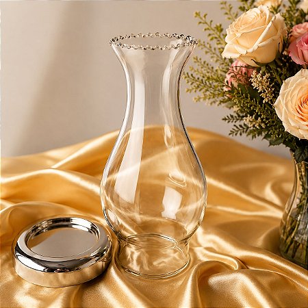 Castiçal Porta Velas Vidro Orgânico 21x12 cm+Suporte Alumínio Prata