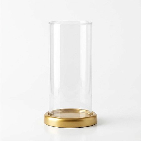 Tubo Vazado Castiçal Porta Velas Vidro 30X14 e Suporte Alumínio Baixo Dourado