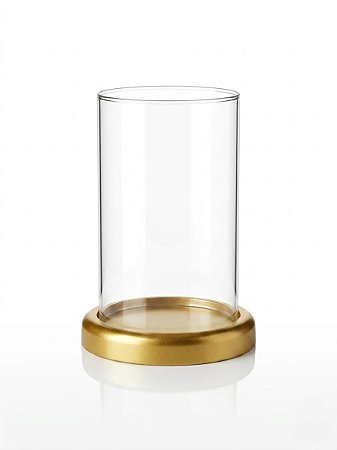 Tubo Vazado Castiçal Porta Velas Vidro 20X11 e Suporte Alumínio Dourado